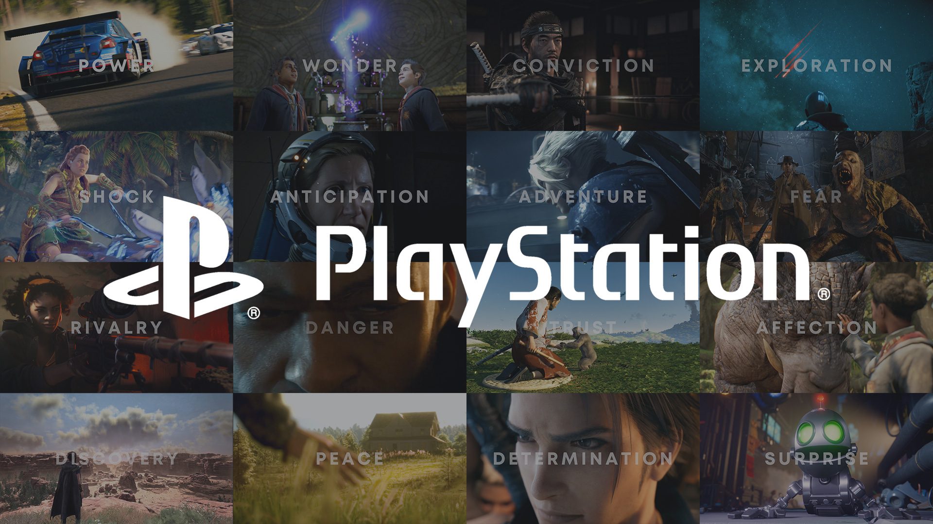 Composite image of 16 PlayStation game images each with a different emotion displayed over top
