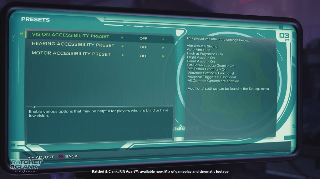 A screen shot of in-game accessibility features from Ratchet & Clank: Rift Apart. The features displayed are Vision, Hearing, and Motor accessibility features.