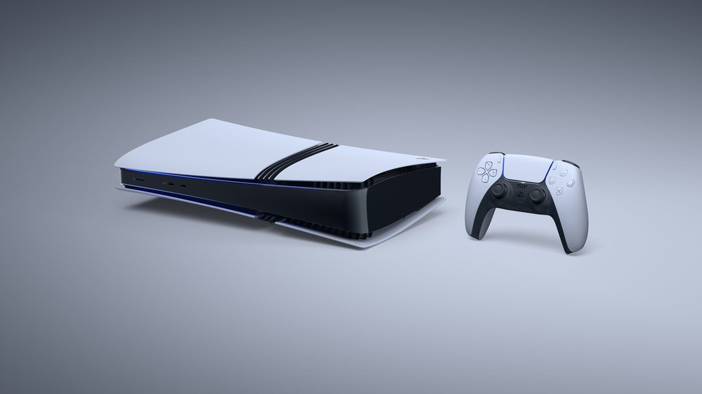 Horizontal PlayStation 5 Pro with DualSense wireless controller