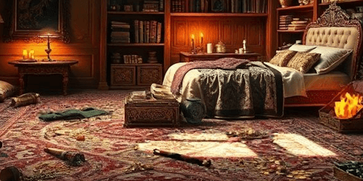 two realistic images of an ornate bedroom scene side-by-side, with a lamp, a bookshelf, candles, a bed, and a fancy carpet in both. In the left image, there are a few books laying open on the carpet. In the right, the books appear to have been removed and sunbeams shine on the carpet in their place.
