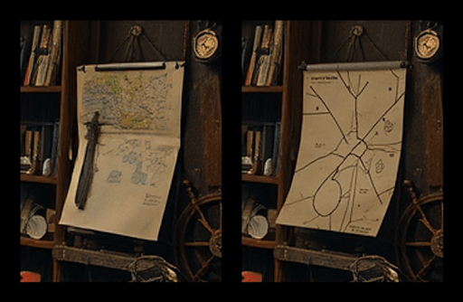 two realistic images side-by-side showing a close-up of a map hanging from an antique bookshelf. In the left, the map has fine detail and perhaps a dagger attached to it. In the right, the same map has coarse-grained markings instead.