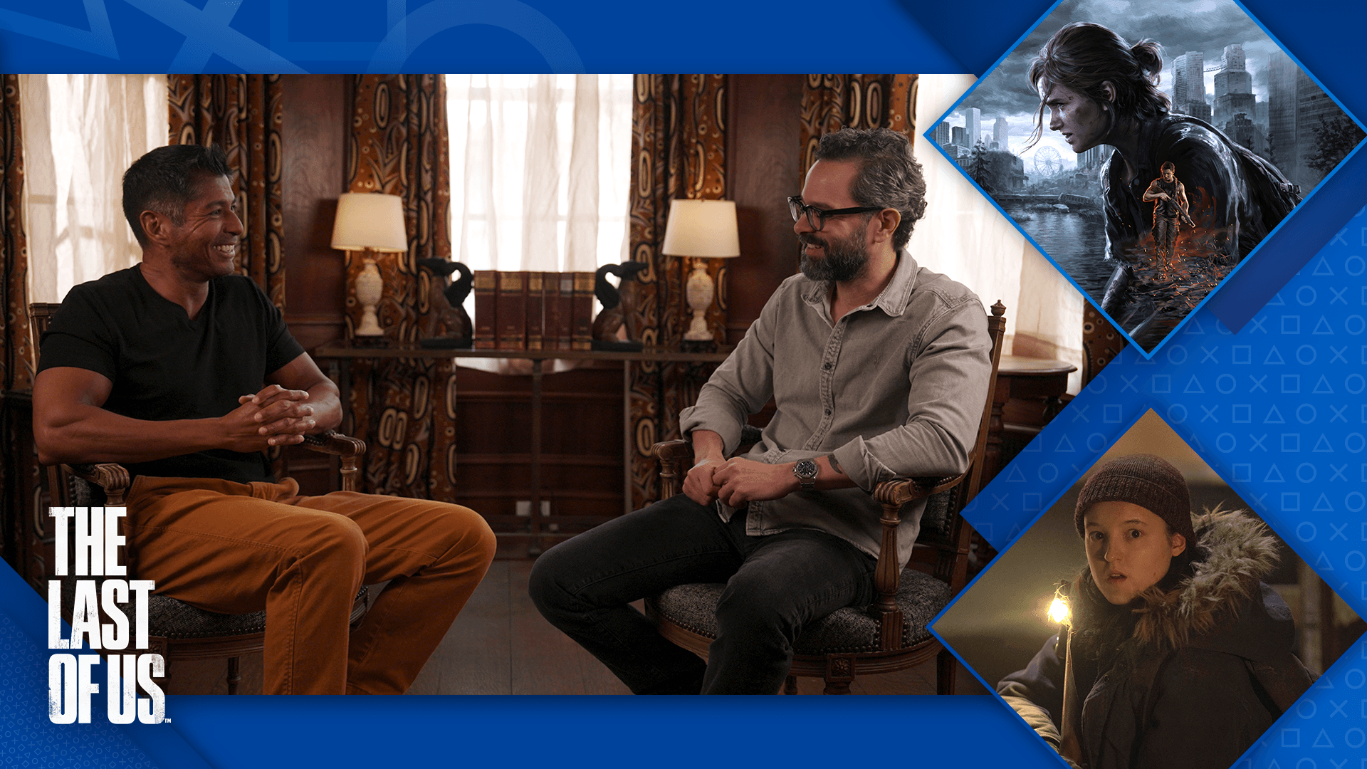 Neil Druckmann, Studio Head, Naughty Dog and Executive Producer, Co-Creator and Writer, HBO's The Last of Us', along with Asad Qizilbash, SVP, Publishing and Head of PlayStation Productions chatting together side-by-side. An image of Ellie from The Last of Us game, next to Ellie portrayed by Bella Ramsey in the TV adaptation.