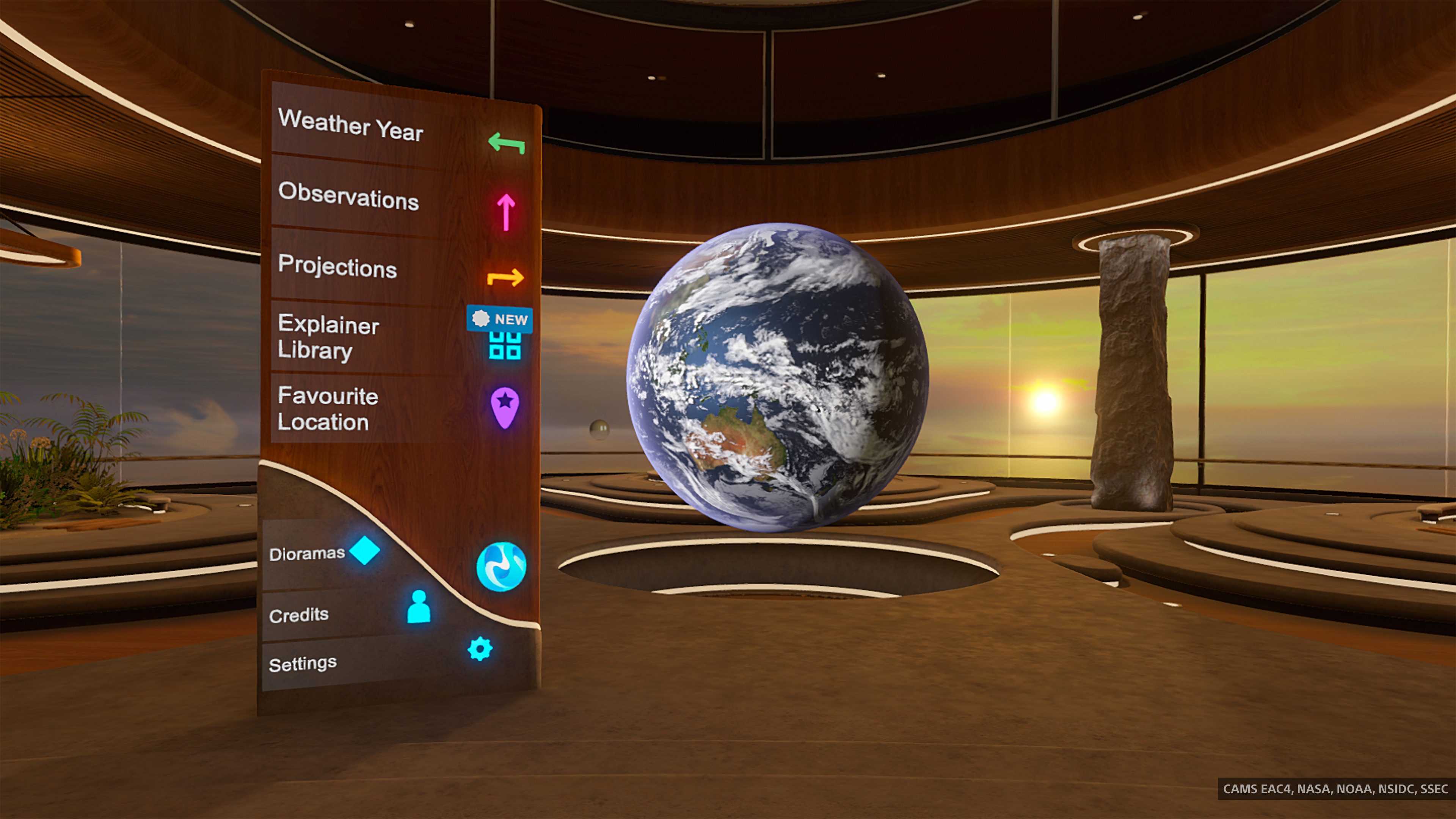 A virtual room with a sign directing the player to different features of the Climate Station app: Weather Year, Observations, Projections, Explainer Library, Favourite Location, Dioramas, Credits and Settings.