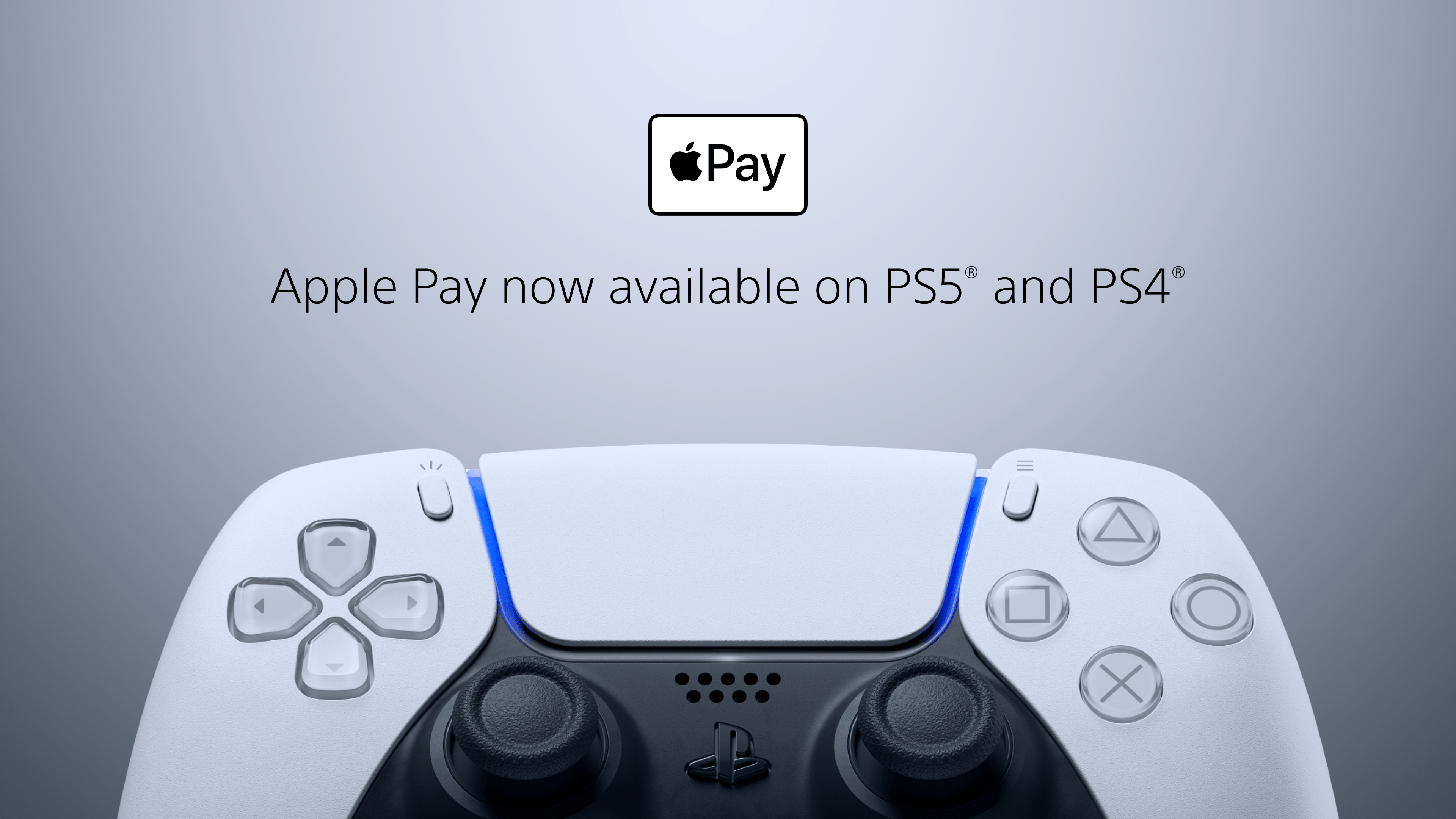 DualSense controller on a gray backround with the Apple Pay logo and text that reads Apple Pay now available on PS5 and PS4