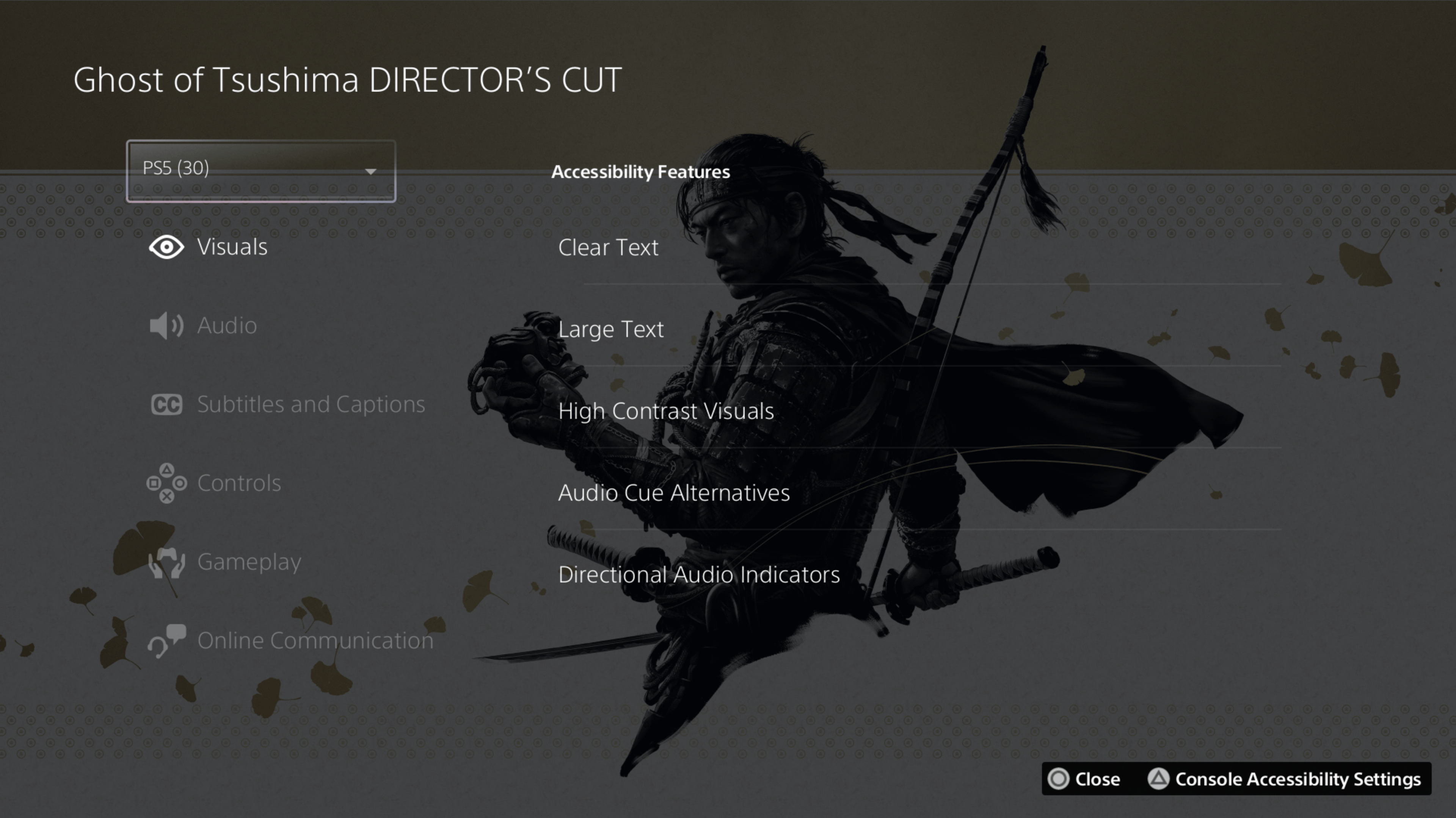 A screenshot of the PS5 UI for Ghost of Tsushima, showcasing some of the accessibility features available in the game. 