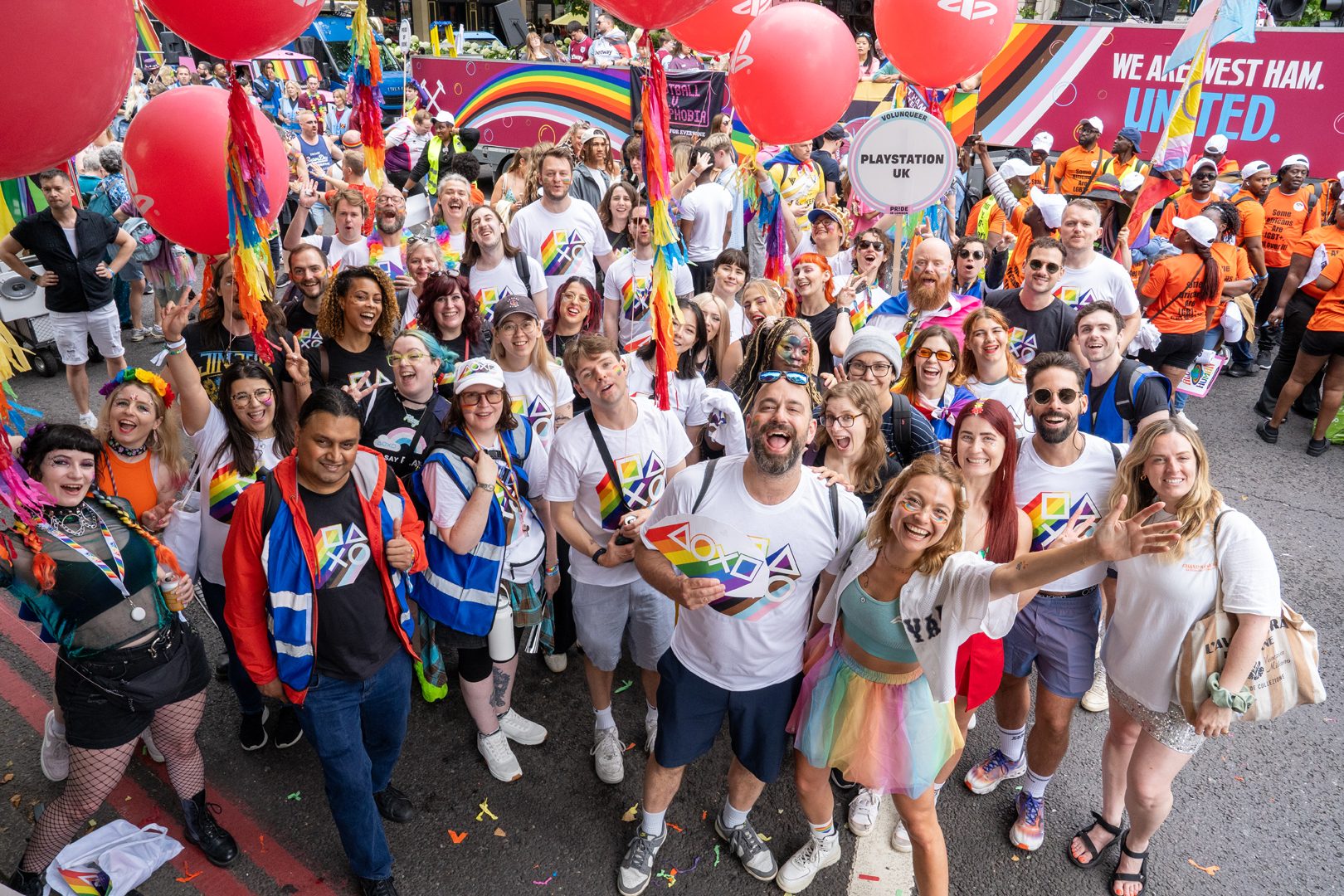 A group photo of London Sony Interactive employees at the London Pride event.