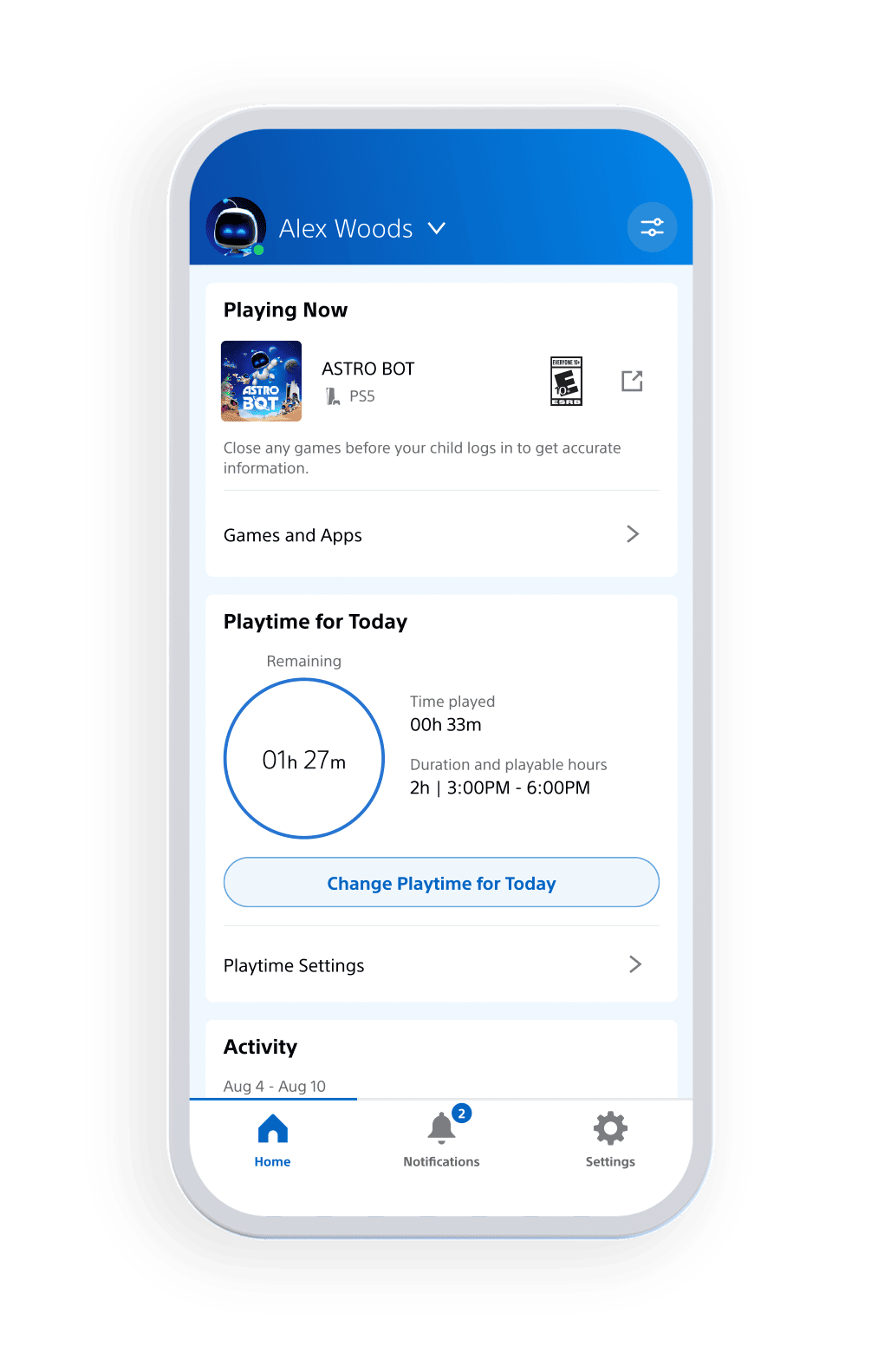 PlayStation Family App interface displayed on a smartphone