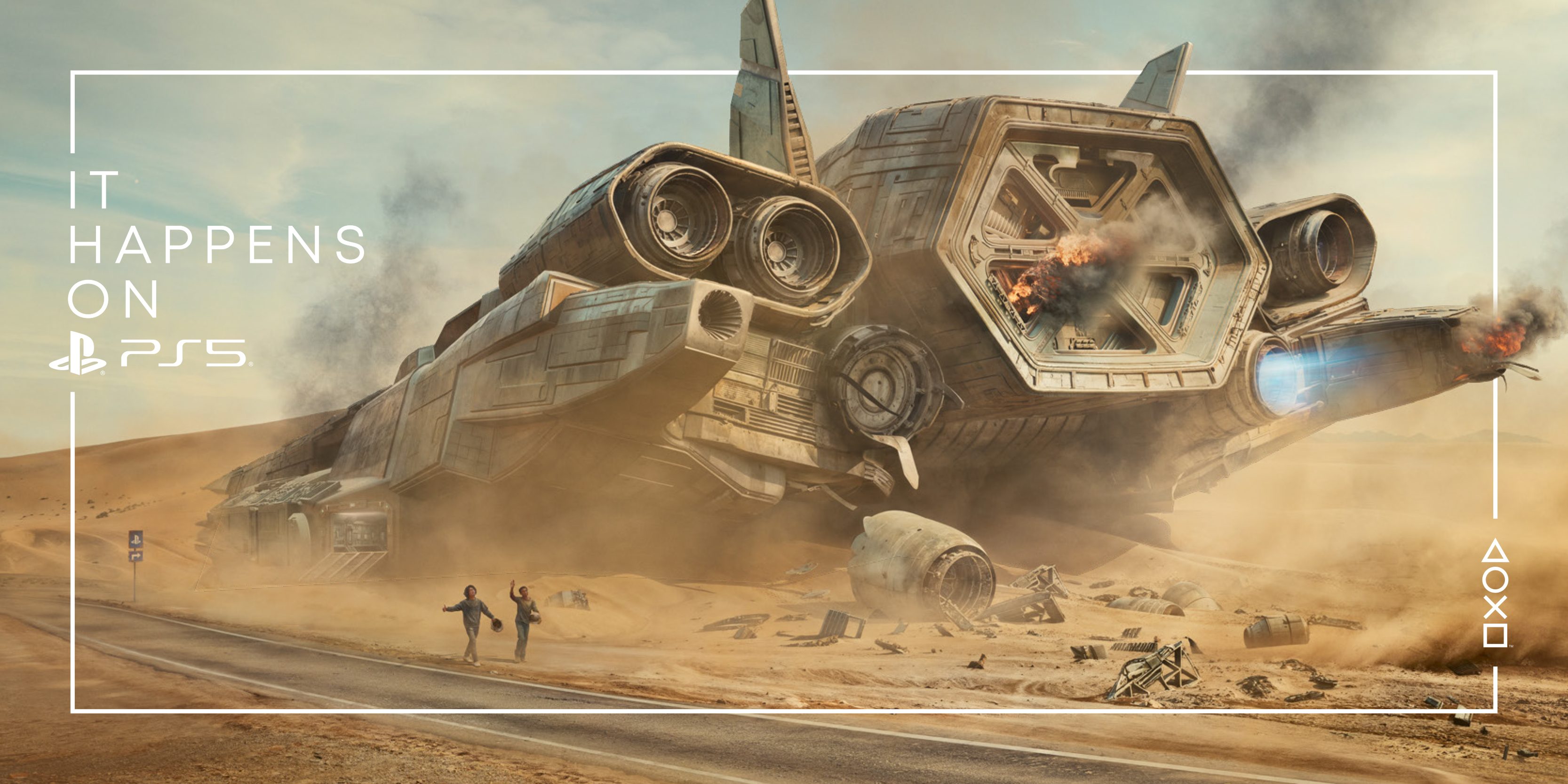 A spaceship crash landed in a vast desert, illustrating Sony Interactive Entertainment’s “It Happens on PlayStation 5” campaign.