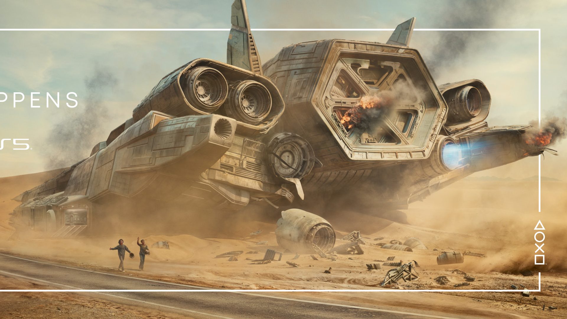 A spaceship crash landed in a vast desert, illustrating Sony Interactive Entertainment’s “It Happens on PlayStation 5” campaign.