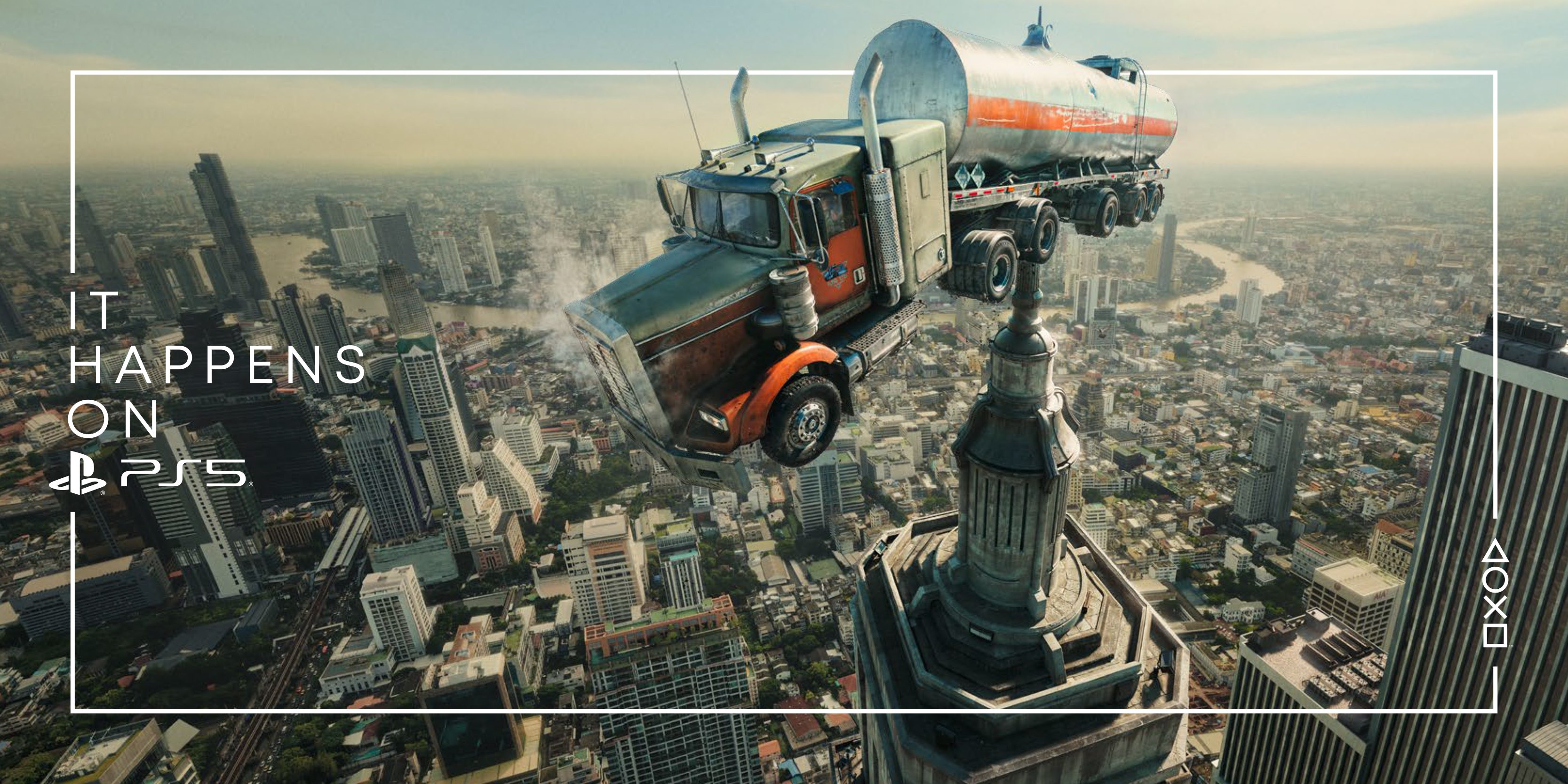 A fuel truck balanced dramatically on a skyscraper spire above a city skyline, illustrating Sony Interactive Entertainment’s “It Happens on PlayStation 5” campaign.