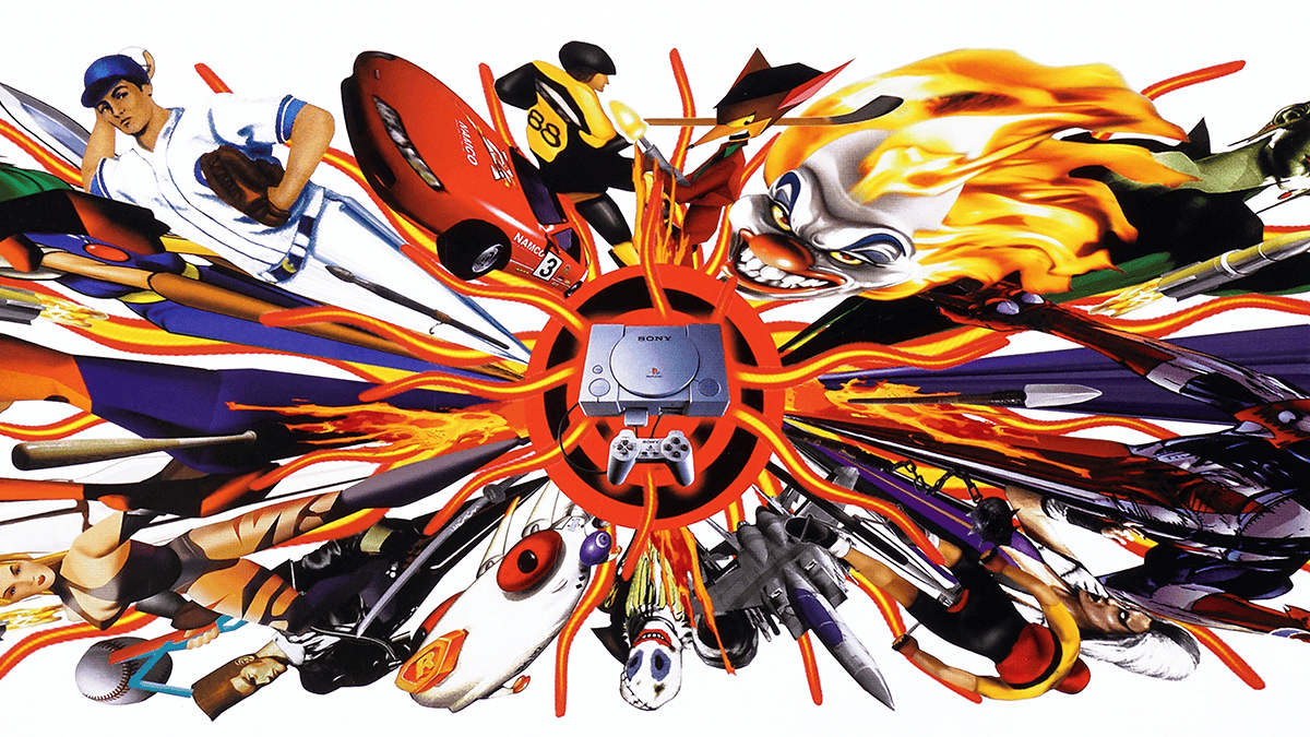 Original PlayStation surrounded by PlayStation characters