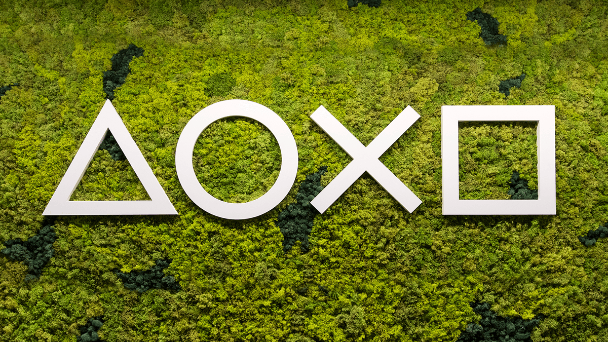 PlayStation shapes logo (triangle, circle, cross, square) on a forest background