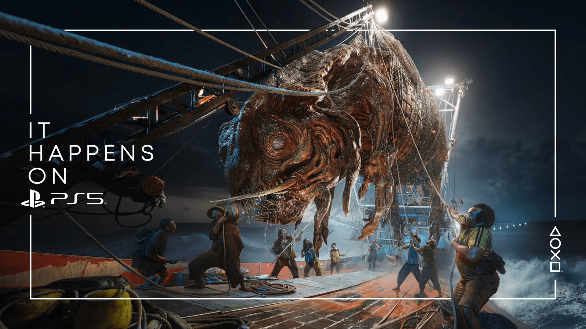 Crew on a fishing boat haul a massive sea creature under dramatic night lighting, framed with the PlayStation 5 logo and tagline “It Happens on PS5.