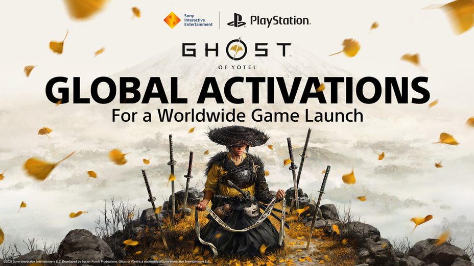 Main character of game, Ghost of Yotei, sitting on the ground with gingko leaves falling around her. Text reads Ghost of Yotei Global Activations for a Worldwide Game Launch