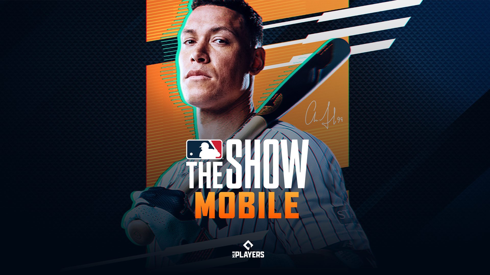 Promotional artwork for MLB The Show Mobile featuring baseball player, Aaron Judge, in a New York Yankees pinstripe jersey holding a bat over his shoulder against a dark blue and orange graphic background. The MLB logo and large title text “The Show Mobile” appear centered in the image, with the MLB Players logo at the bottom.