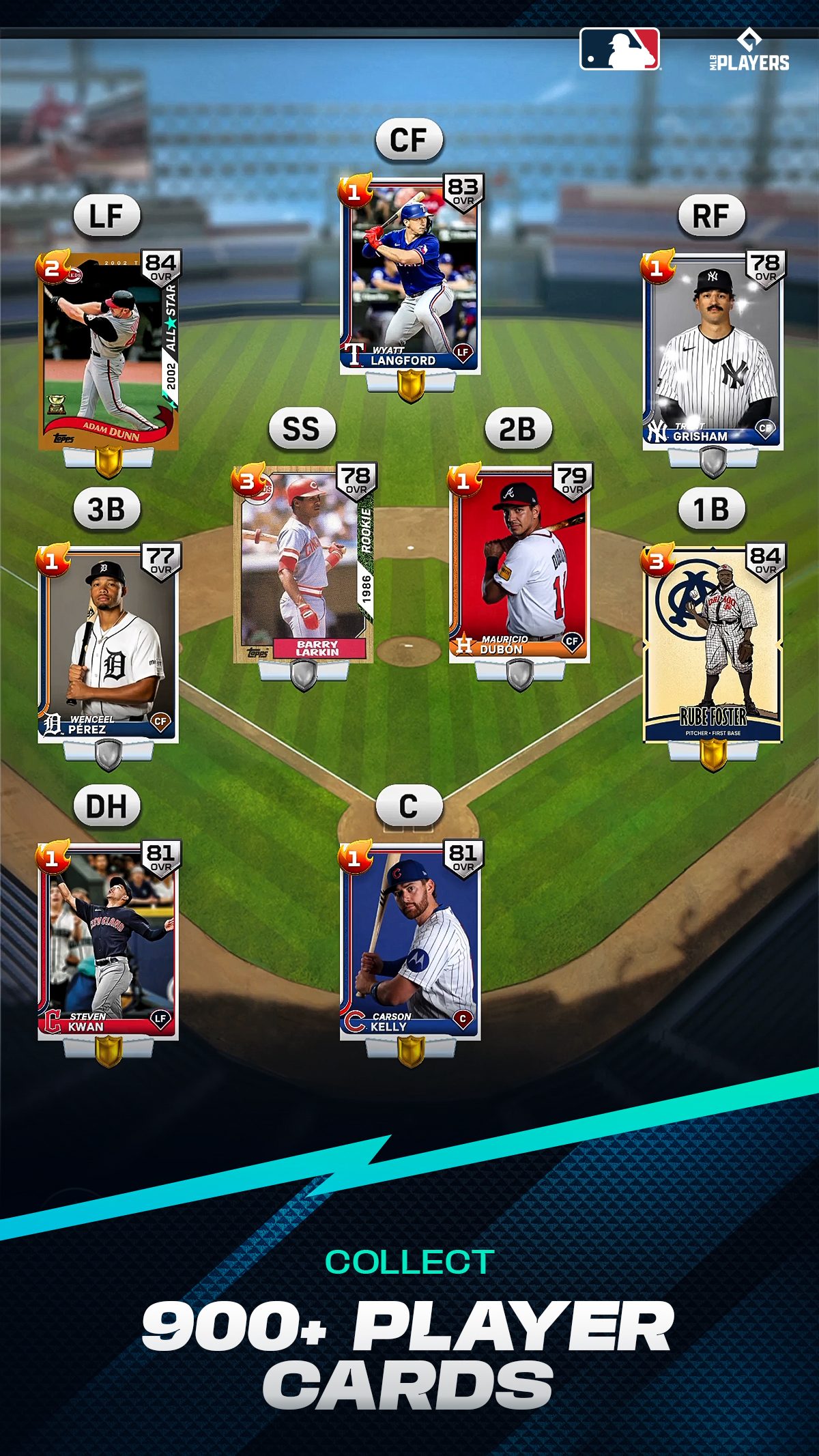 Promotional screenshot for MLB The Show Mobile showing a baseball lineup screen with collectible player cards arranged by field positions on a diamond. Featured cards include Wyatt Langford at center field, Adam Dunn at left field, Trent Grisham at right field, Barry Larkin at shortstop, Mauricio Dubón at second base, Rube Foster at first base, Wenceel Pérez at third base, Steven Kwan as designated hitter, and Carson Kelly at catcher. Each card displays a player image, team branding, and overall rating. The MLB and MLB Players logos appear at the top, and bold text at the bottom reads: “Collect 900+ Player Cards.”