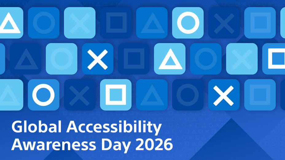 Graphic for “Global Accessibility Awareness Day 2026” featuring a blue PlayStation-inspired pattern of rounded squares containing the iconic triangle, circle, X, and square symbols in varying shades of blue and white. Large white text reading “Global Accessibility Awareness Day 2026” appears in the lower-left corner against a layered geometric blue background.