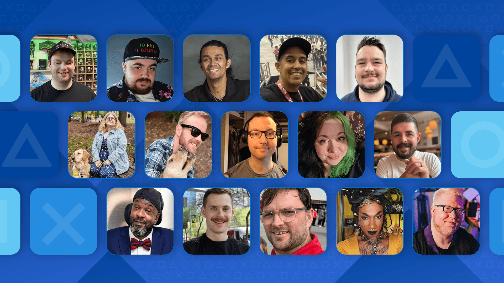 Collage of 15 accessibility advocates and creators arranged in three rows against a blue PlayStation-themed background featuring the triangle, circle, X, and square symbols.

Top row, left to right: Ben Breen (SightlessKombat), Cameron Keywood, Cesar Flores, Christopher Robinson, and David Deacon.

Middle row, left to right: Dr. Amy Kavanagh seated outdoors with a guide dog, James Rath posing with a dog, James Toland wearing headphones and glasses, Li Brady with green-highlighted hair, and Mikey Starovoytov smiling at a table with hands clasped together.

Bottom row, left to right: Paul Lane in a suit and bow tie, Ross Minor outdoors, Sam Kitchen wearing glasses and a red hoodie, Shaz Shanghanoo in dramatic and beautiful makeup, and Steve Saylor wearing glasses in colorful lighting.