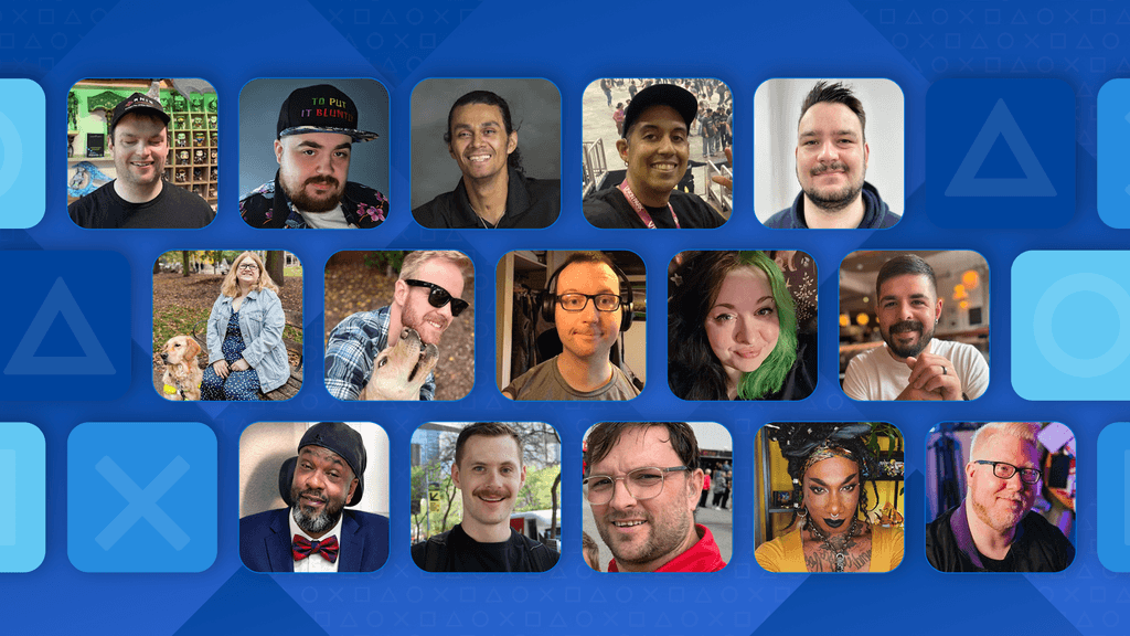 Collage of 15 accessibility advocates and creators arranged in three rows against a blue PlayStation-themed background featuring the triangle, circle, X, and square symbols.
Top row, left to right: Ben Breen (SightlessKombat), Cameron Keywood, Cesar Flores, Christopher Robinson, and David Deacon.
Middle row, left to right: Dr. Amy Kavanagh seated outdoors with a guide dog, James Rath posing with a dog, James Toland wearing headphones and glasses, Li Brady with green-highlighted hair, and Mikey Starovoytov smiling at a table with hands clasped together.
Bottom row, left to right: Paul Lane in a suit and bow tie, Ross Minor outdoors, Sam Kitchen wearing glasses and a red hoodie, Shaz Shanghanoo in dramatic and beautiful makeup, and Steve Saylor wearing glasses in colorful lighting.