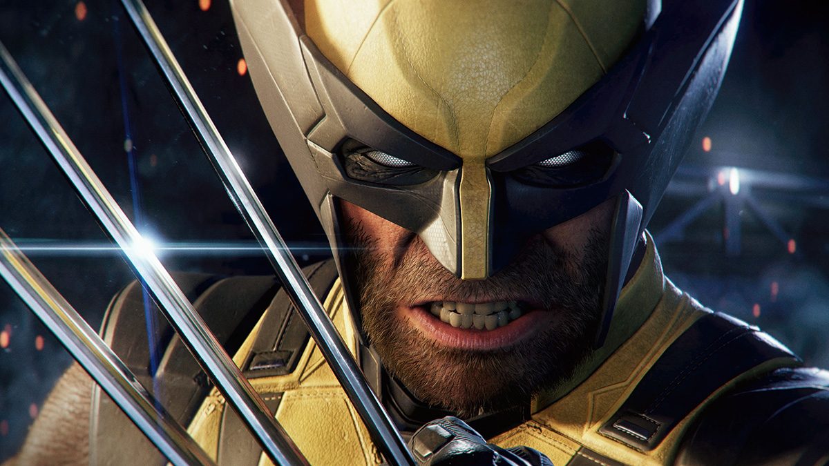 Close-up of Insomniac's Wolverine snarling fiercely. He wears a yellow and dark metallic mask with glowing white eyes, holding his sharp adamantium claws raised as they reflect a bright light.