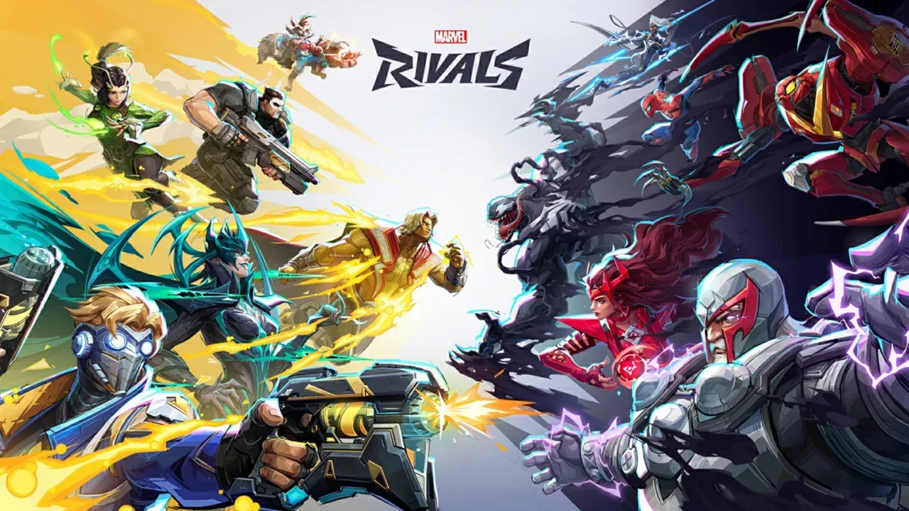 Official promotional key art for 'Marvel Rivals' showing two teams of heroes and villains facing off. On the bright left side, characters including Star-Lord, Hela, and Mantis charge forward. On the dark right side, opponents including Magneto, Scarlet Witch, and Venom clash against them, with the stylized black game title logo centered at the top and a small red-and-white Marvel logo positioned directly above it.