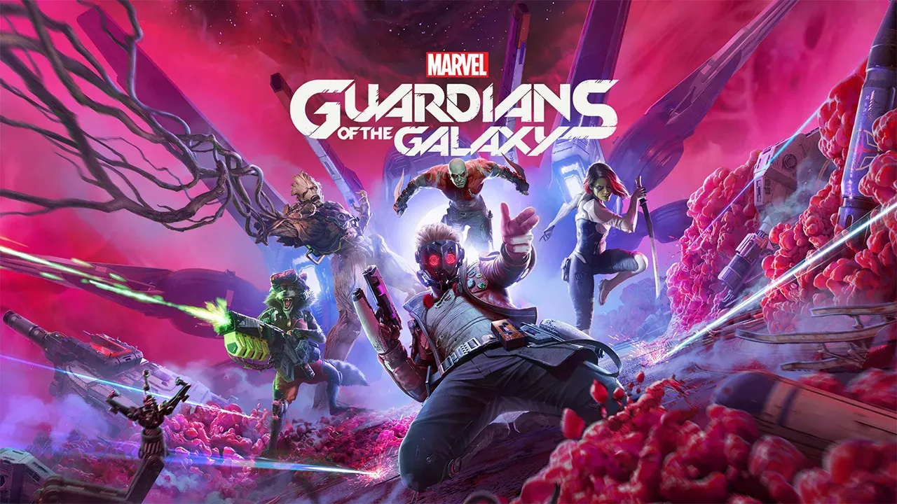 Official promotional key art for 'Marvel’s Guardians of the Galaxy' showing the team in an action stance. Star-Lord is in the center holding blasters, flanked by Gamora with her sword, Drax, Groot, and Rocket Raccoon firing a weapon against a vivid pink alien landscape, while a small red-and-white Marvel logo sits centered at the top directly above the main game title logo.