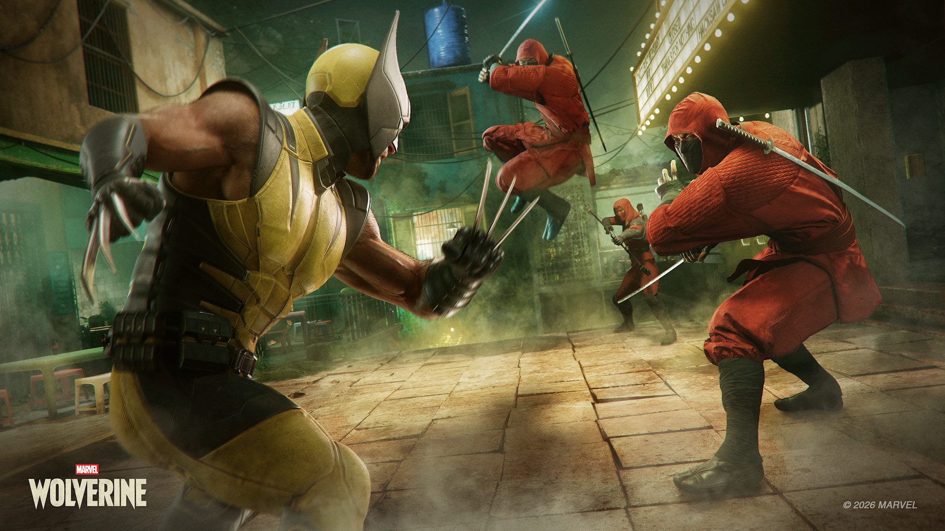 Wolverine, in his classic yellow suit with claws popped, readies for battle against red-clad Hand ninjas in an alleyway setting. The Marvel's Wolverine logo is in the bottom left corner.