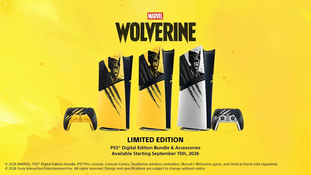 Promotional image on a bright yellow background featuring Limited Edition Marvel's Wolverine PS5 consoles, console covers in yellow and white designs, and matching DualSense wireless controllers. The Marvel's Wolverine logo and launch date of September 15, 2026 are displayed.