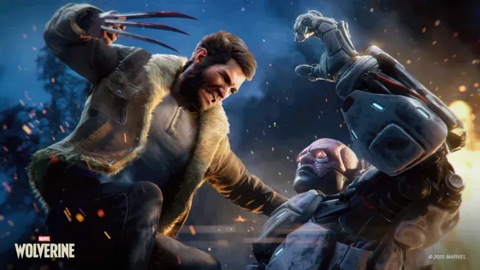 Wolverine, wearing a shearling jacket with his adamantium claws extended, leaps down to attack a cybernetic enemy amidst flying sparks and explosions. Marvel's Wolverine logo is in the bottom left corner.