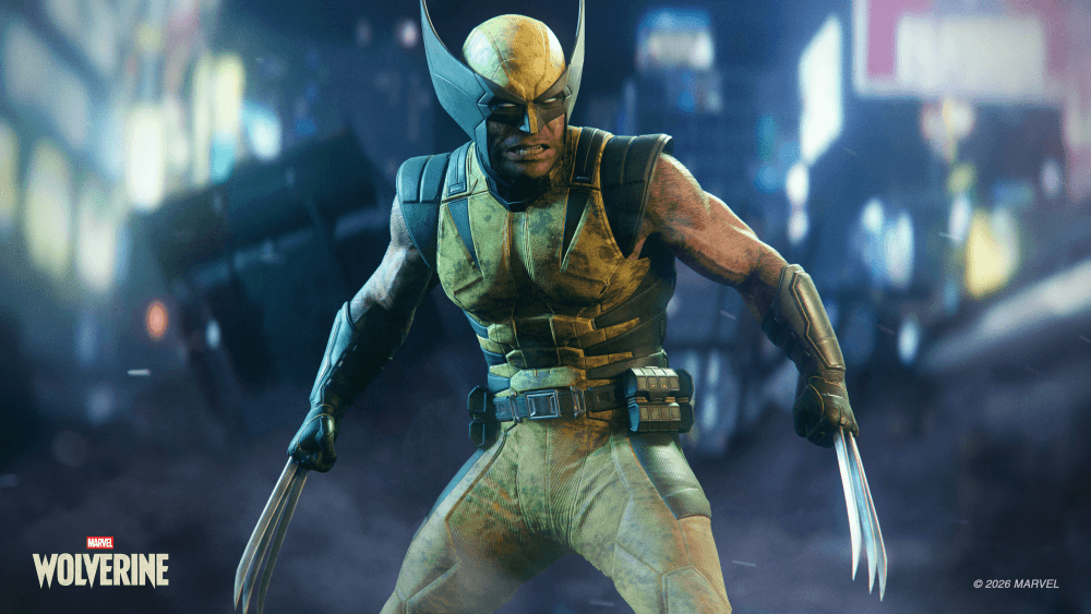 Wolverine in his iconic yellow and black striped suit and cowl, with adamantium claws extended on both hands, standing in a dark street with blurred neon lights. The bottom left corner shows the Marvel's Wolverine game logo.