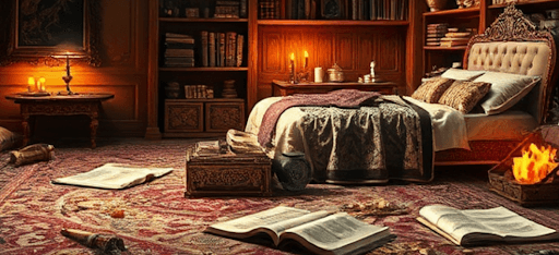 ランプ、本棚、ロウソク、ベッド、上品なカーペットが置かれた豪華なベッドルームをリアルに描いた二枚のイラストが並ぶ。左のイラストでは、カーペットの上に数冊の本が開いて置かれている