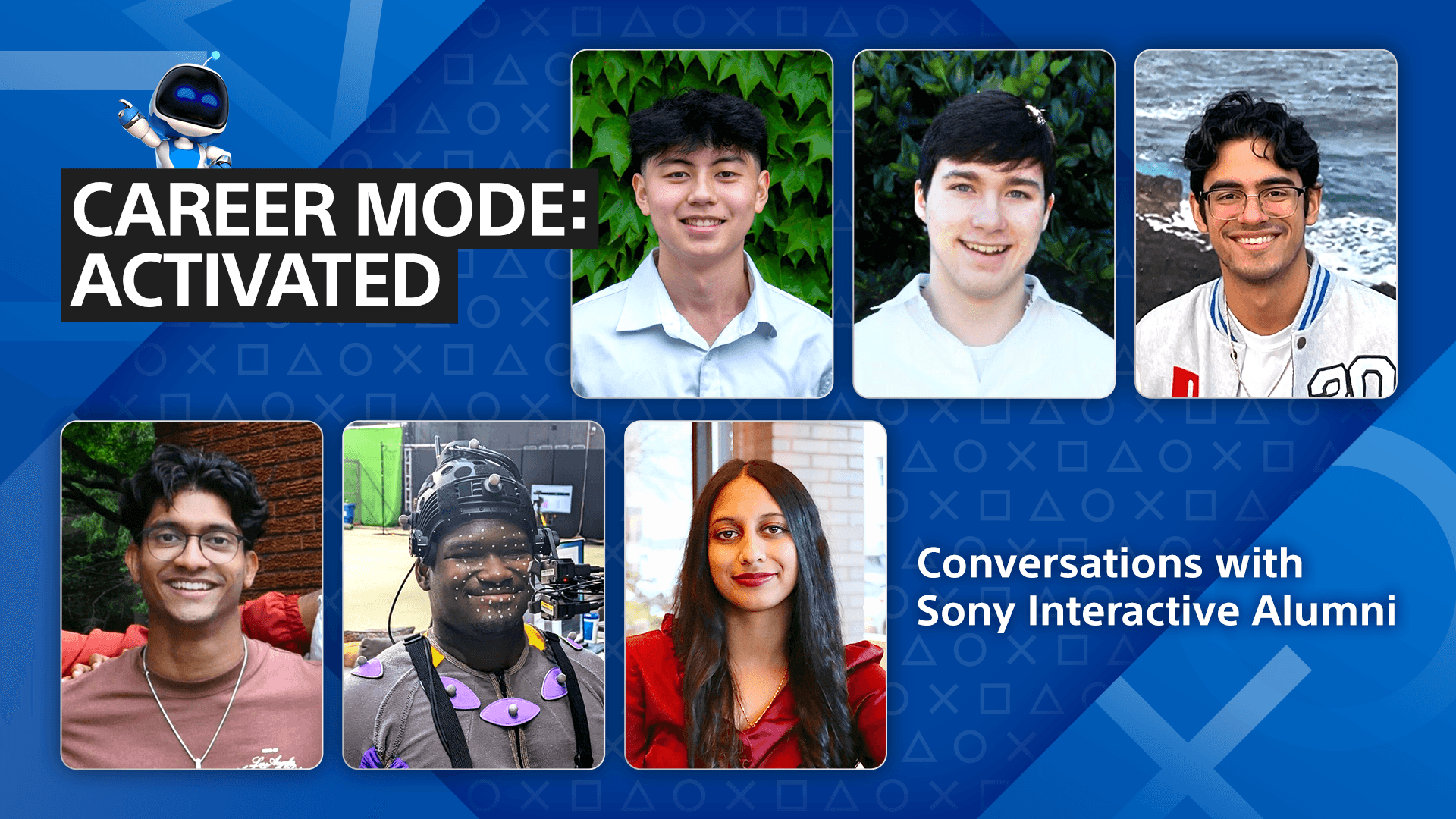 青地の背景に男性5人、女性1人のプロフィール写真と、英字で「Career mode: Activated. Conversations with Sony Interactive Alumni」の文字