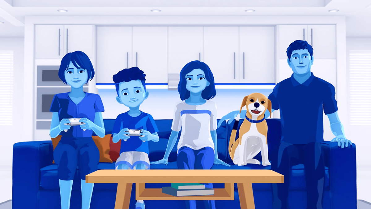 リビングで犬と共に過ごす家族が、テレビでゲームをしているイラスト。
