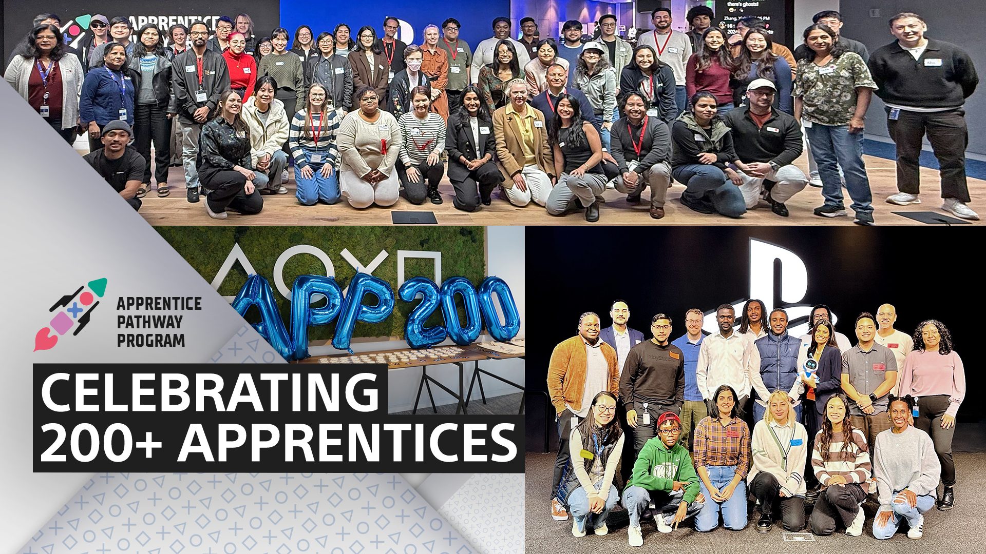PlayStationの「Apprentice Pathway Program」で200人以上の見習い（アプレンティス）を祝うコラージュ画像。大勢の見習いたちの集合写真や、PlayStationのコントローラーアイコンをモチーフにしたロゴ、そして「CELEBRATING 200+ APPRENTICES」という大きな文字が描かれている。