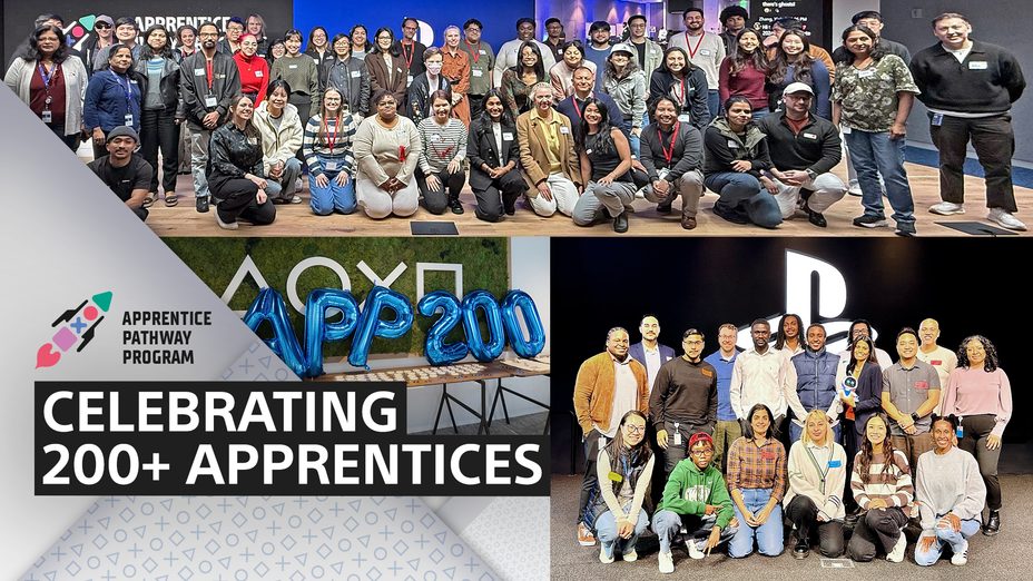 PlayStationの「Apprentice Pathway Program」で200人以上の見習い（アプレンティス）を祝うコラージュ画像。大勢の見習いたちの集合写真や、PlayStationのコントローラーアイコンをモチーフにしたロゴ、そして「CELEBRATING 200+ APPRENTICES」という大きな文字が描かれている。