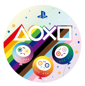 A circular PlayStation graphic featuring white controller symbols and a blue logo against a diagonal Progress Pride flag background. Three colorful balloons shaped like Japanese daruma dolls float at the bottom amidst scattered confetti.