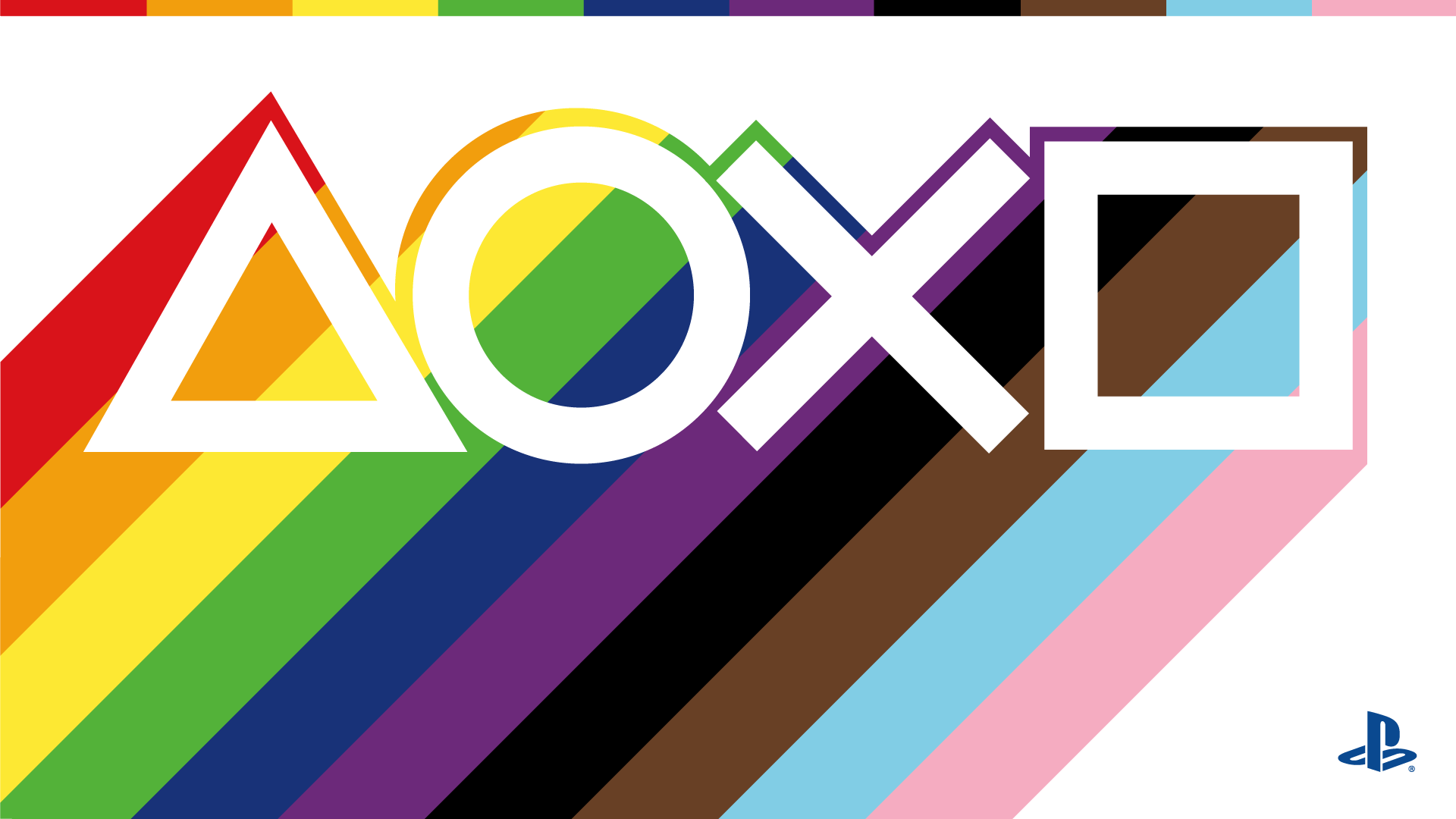 Large white PlayStation controller symbols on a white background, casting a long, diagonal shadow styled as the Progress Pride flag. A small blue PlayStation logo sits in the bottom right corner.